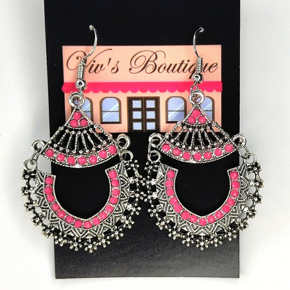 Silver Pink Bohemian Dangle Earrings - Picture 2 of 4